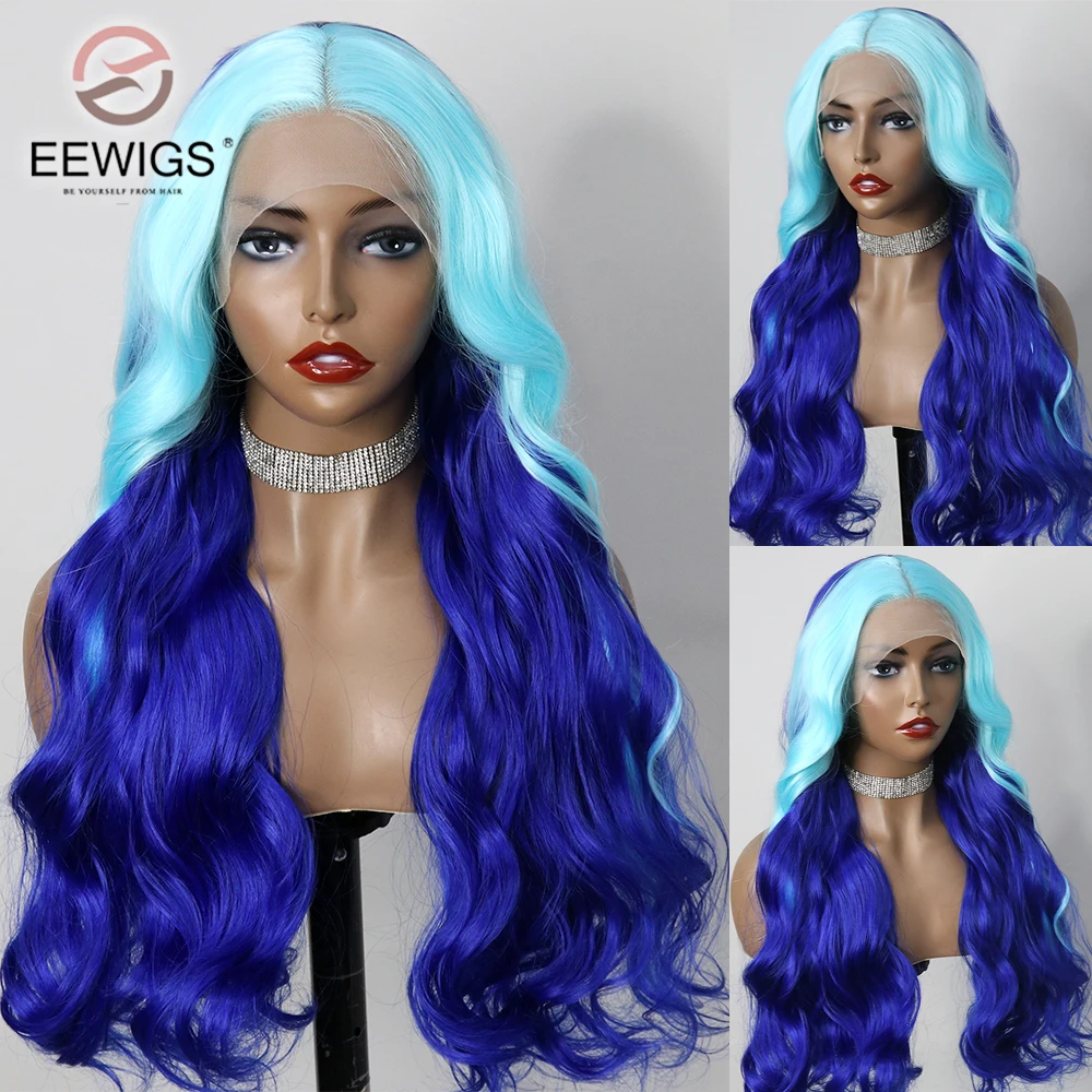 

Body Wave Synthetic Blue Color 30 Inch Transparent Lace Front Wig For Black Women Prepluck With Baby Hair Drag Queen Cosplay