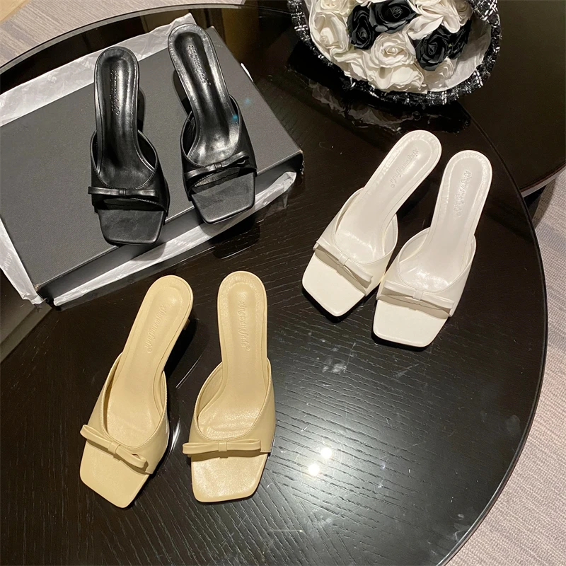 

Open Toe Women Slippers Bow Design Shallow Slip On Thin High Heels Party Pumps Black White Yellow Outside Slides Mules Shoes 40