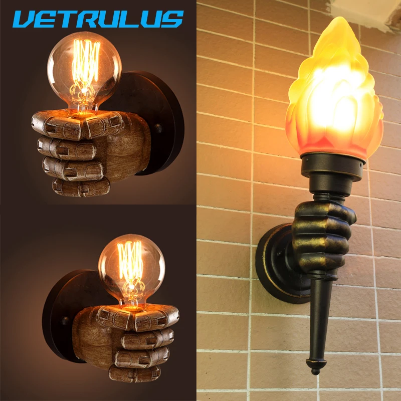 

Creative Torch Hand E27 Wall Light Retro European Cafe Aisle Lustre Fist Wall Sconce Lamp Outdoor Waterproof Fixture Night Light