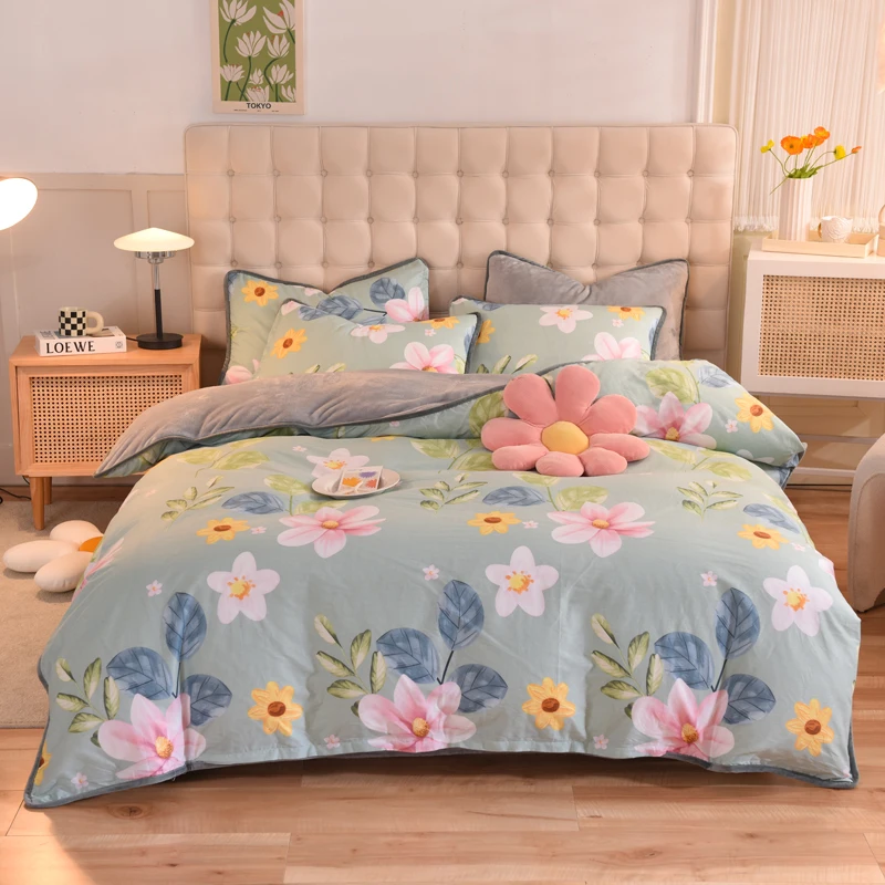 

G018~2022 new small fresh checkerboard + diamond plaid cow milk four-piece quilt cover one-piece blanket