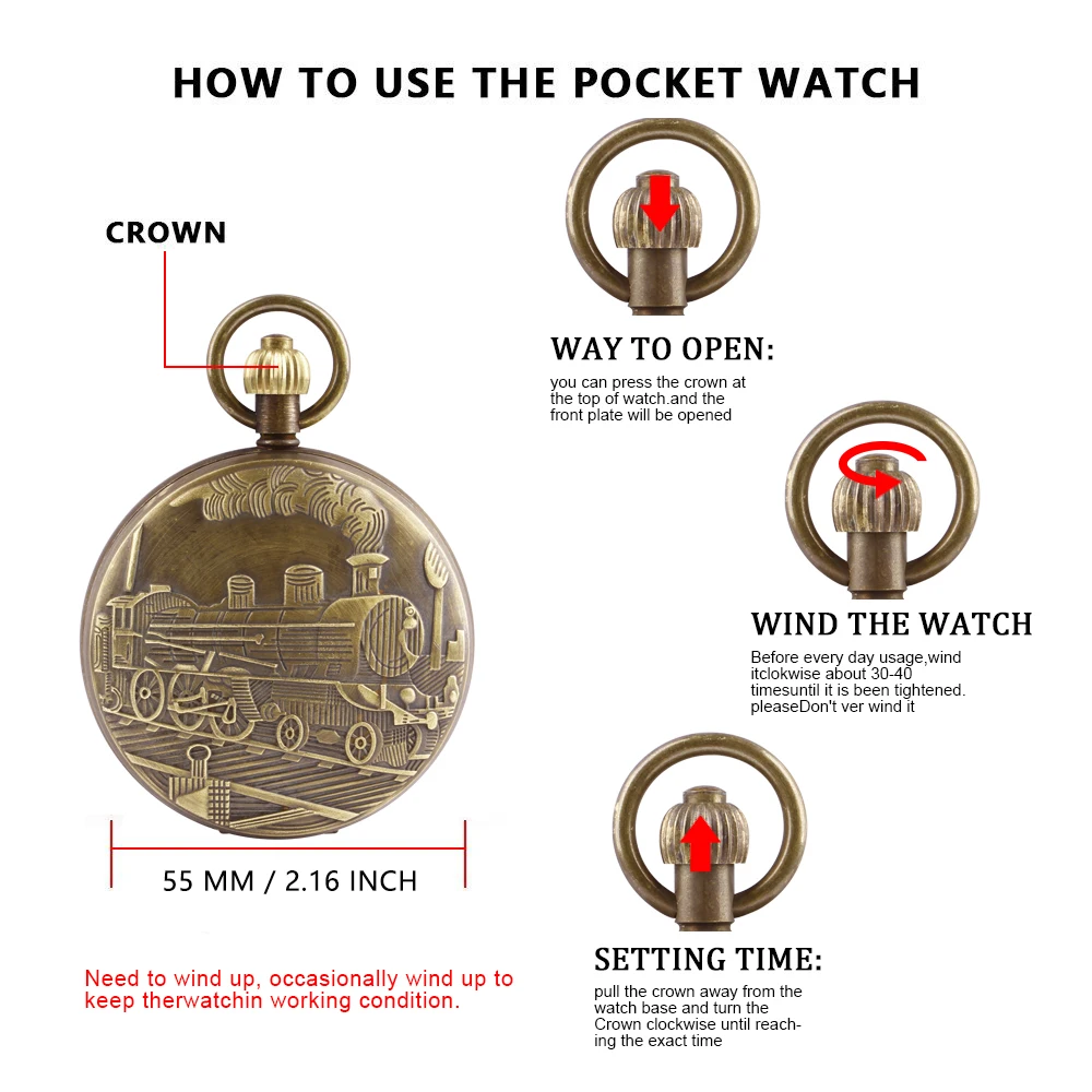 Antique Vintage Train Engraved Mechanical Pocket Watch Necklace For Men Women Half Hunter 2 Sides Open Case Hand Wind Fob Watch