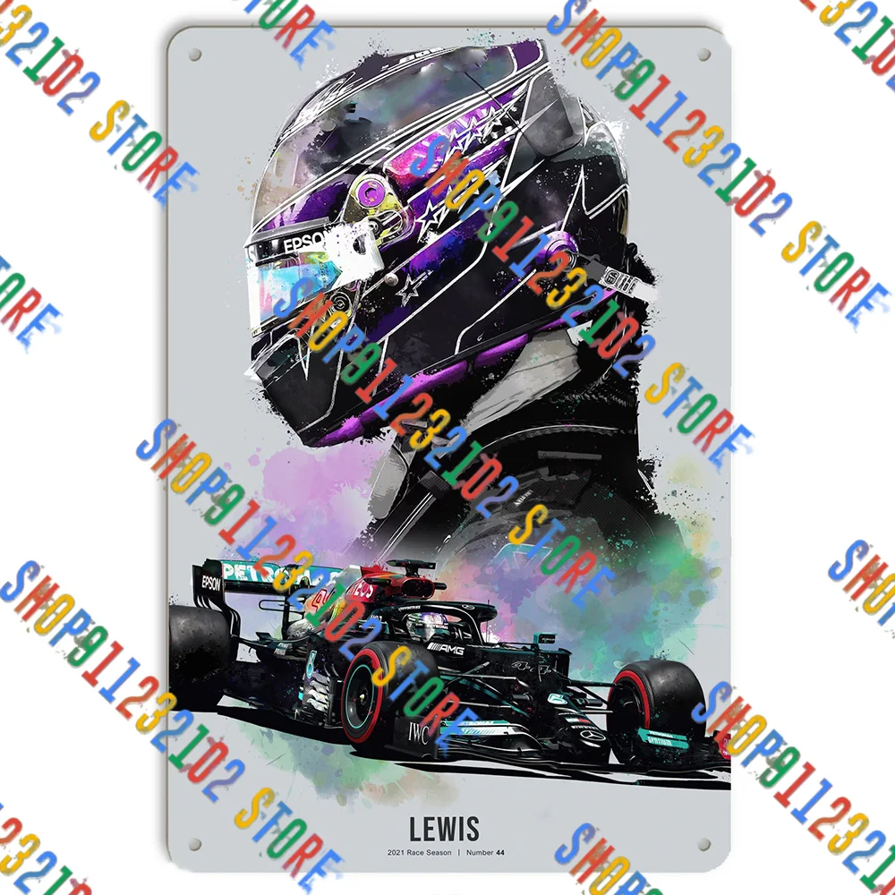 Lewis Hamilton F1 Car & Helmet Metal Tin Sign Dog Tin Sign for Street Garage Family Cafe Bar Door Plaque Wall Poster
