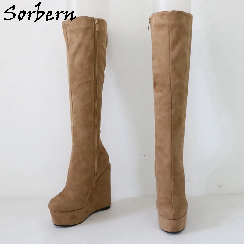 Sorbern Light Brown Knee High Boots Women Small Size Eu33 Wedges High Heel Platform Shoes Fetish Unisex Custom Colors