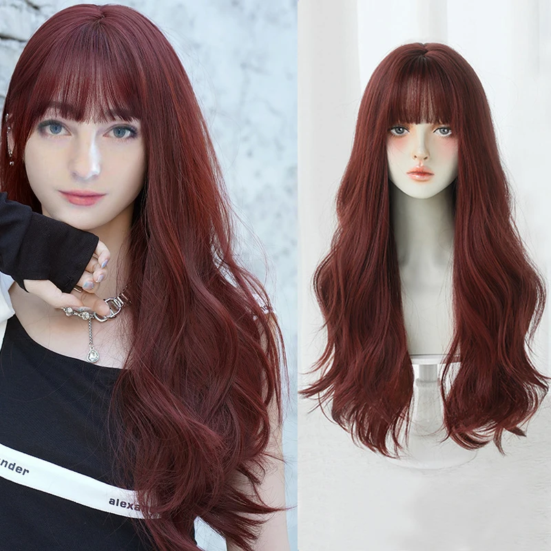 DIFEI Long Curly Hair Synthetic Cosplay Wig With Bangs  Wigs For Women Halloween Lolita Good Quality Synthetic Claret Fake Hair