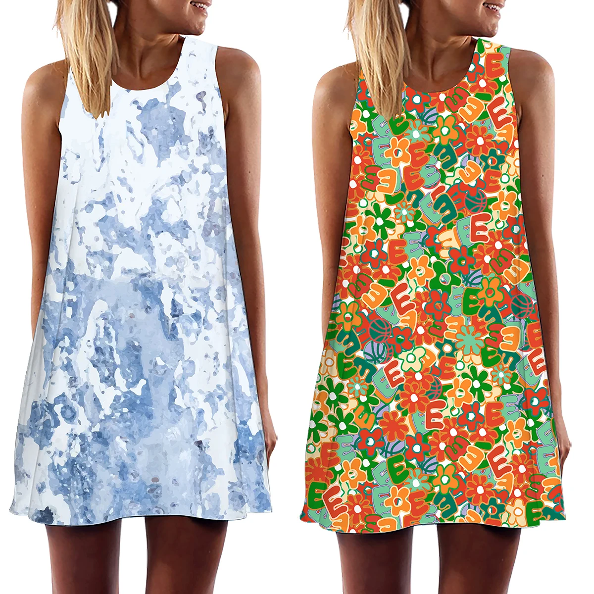 

2022 Seaside Beach Girls A-line Dress Summer Floral Lattice Geometric Printed Sleeveless Mini Dresses for Women