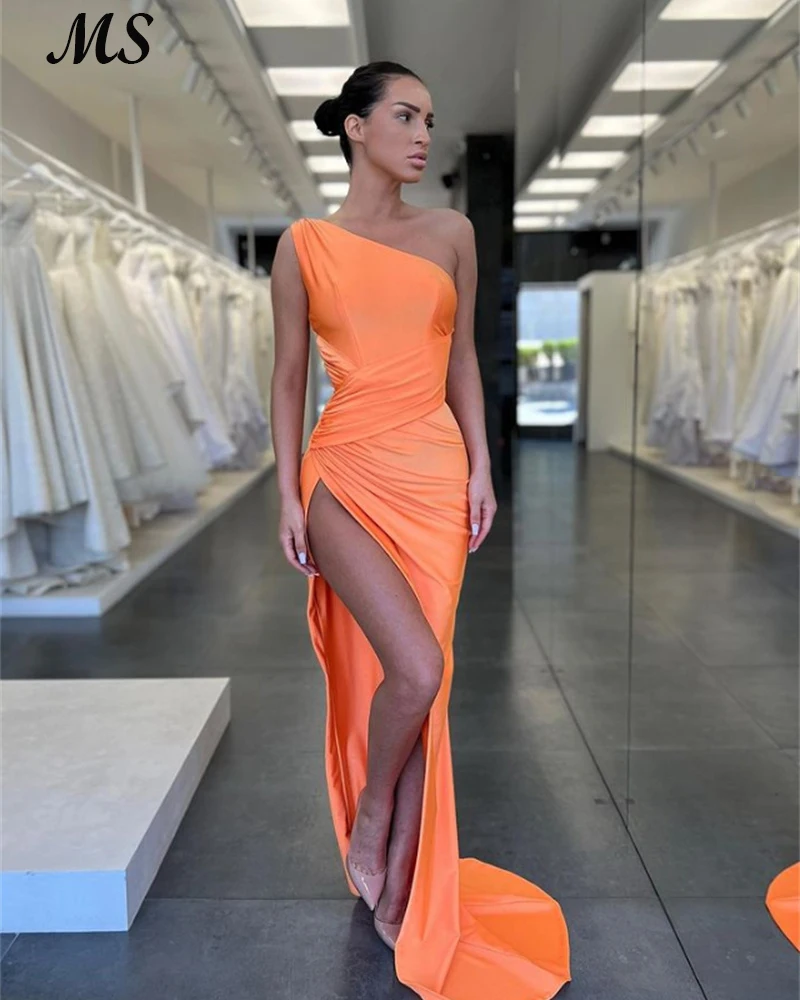 

MS Orange Satin One Shoulder Prom Dress 2022 Leg Slit Sexy Evening Party Gowns Vestido De Festa Formal Party Reception Plus Size