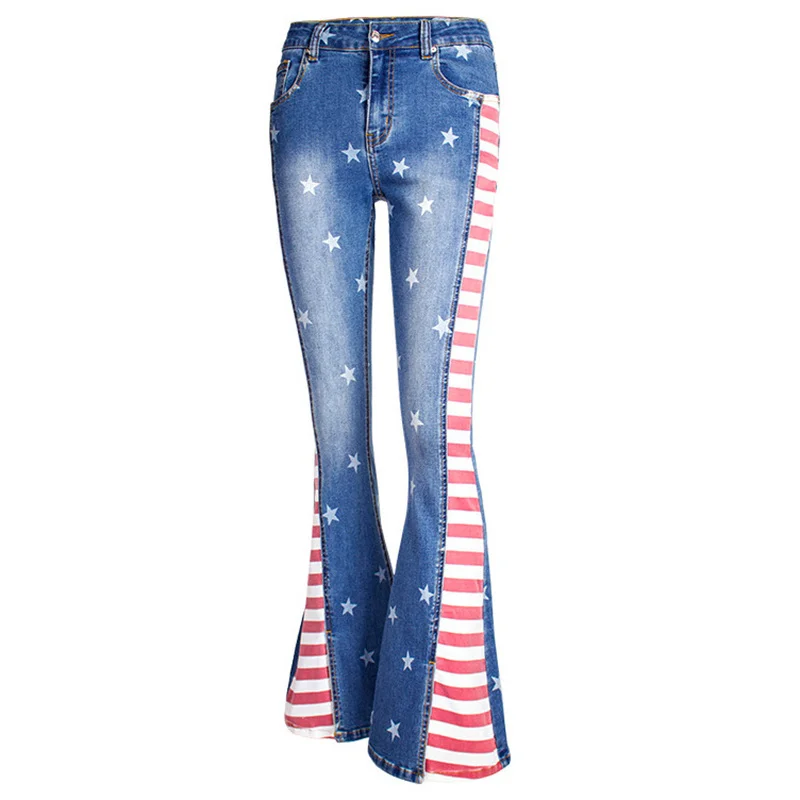 

2022 New Colorblock Striped jeans for women's spring autumn Jeans Print Star Pattern Mop Trousers Flared Denim Pants Y2k J420
