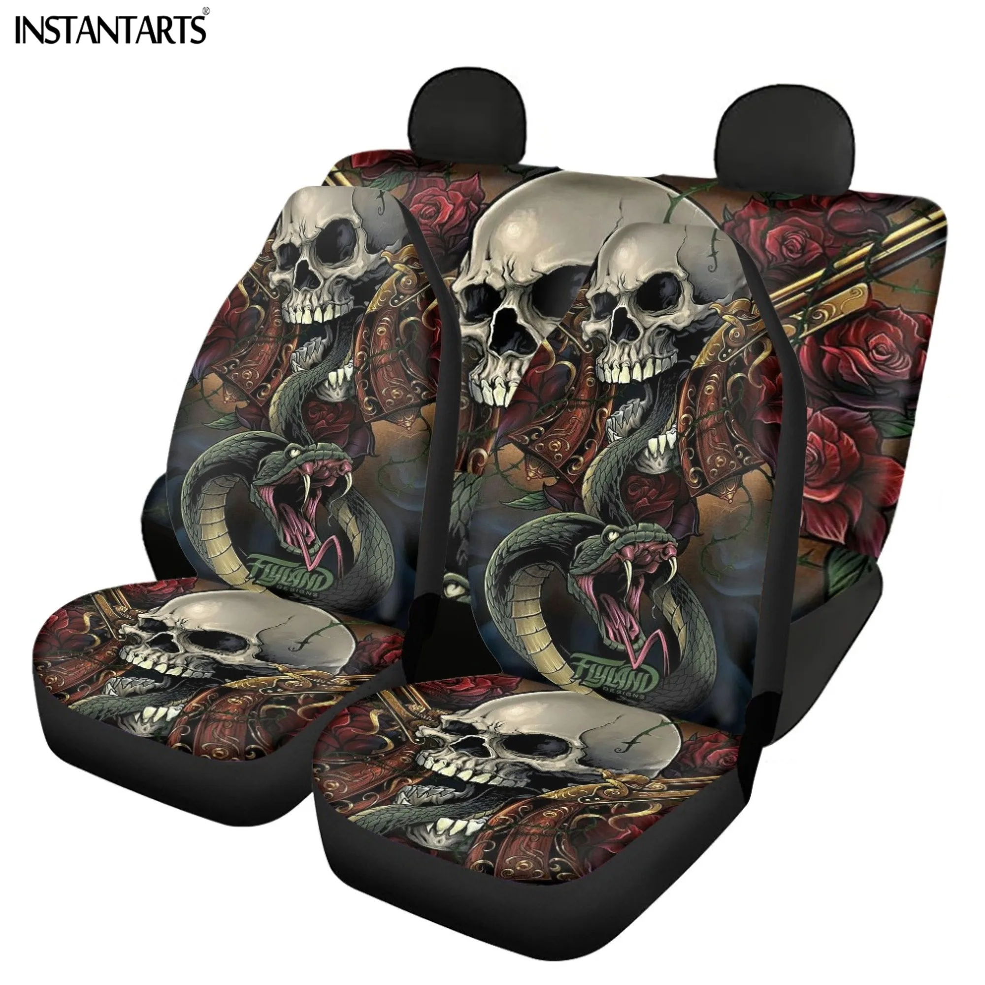 

INSTANTARTS Horror Floral Skull Design Automobile Trim Seat Covers Set Comfort Soft Mats Cool Personality Car Interior Supplies