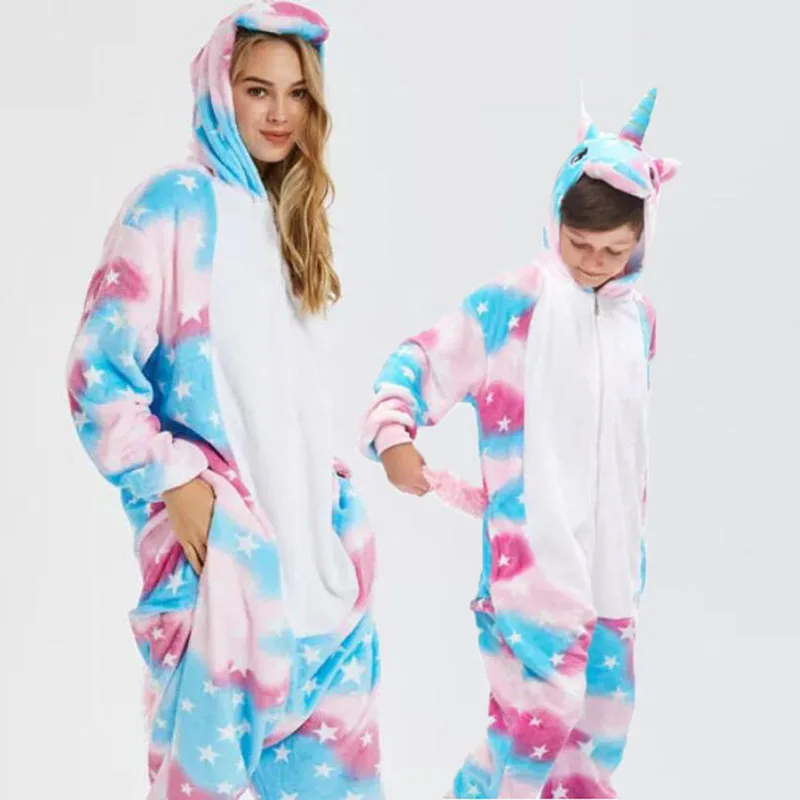 Family Kigurumi Pajamas Pink Stars Unicorn Animal Onesie Cosplay Costume Pajamas For Kids and Adults