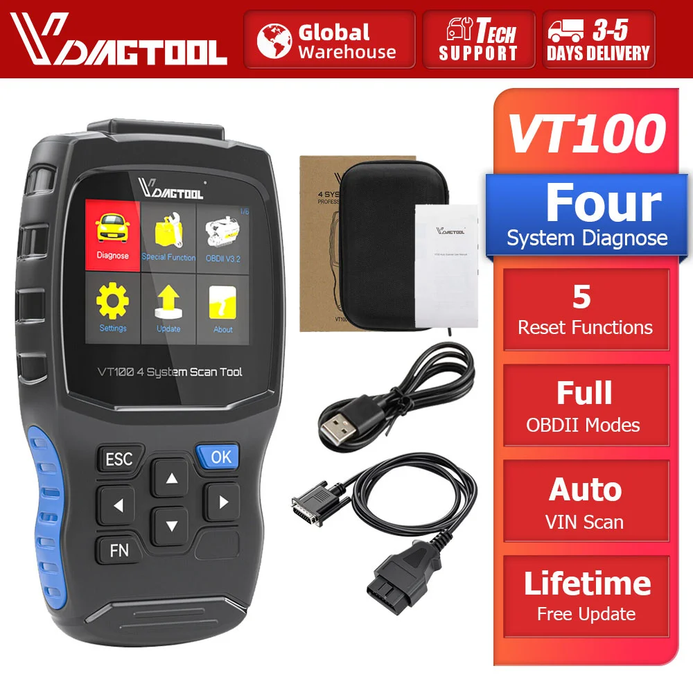 VDIAGTOOL VT100 Автомобильный сканер Двигатель/трансмиссия/ABS/SRS Автомобильный сканер 5 сервисных функций Считыватель кодов Полные режимы OBD График данных в реальном времени Бесплатное обновление Доставка из России