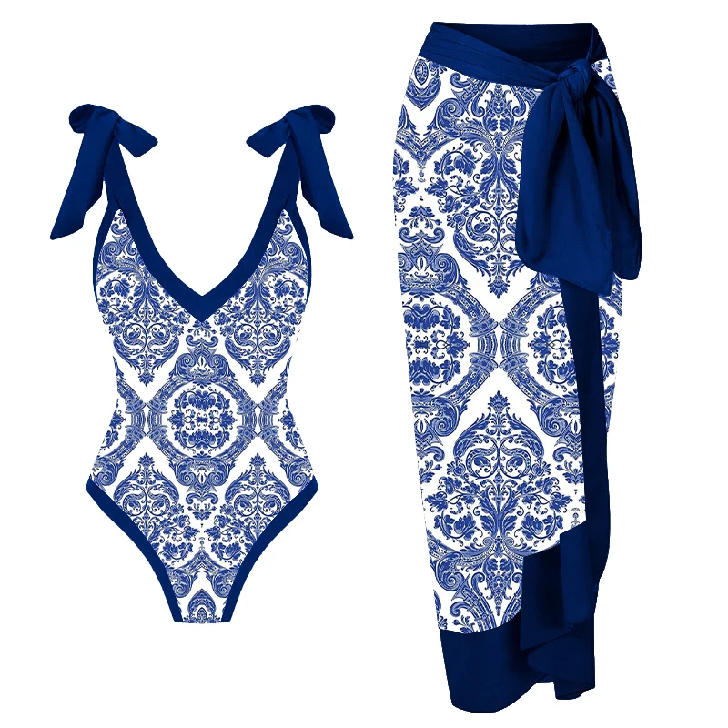 

LANSWE Vintage Print Deep V One Piece Swimsuit Separate Two Pieces Biquini 2023 Women's Cover Up Swimsuit Summer Beach Wear