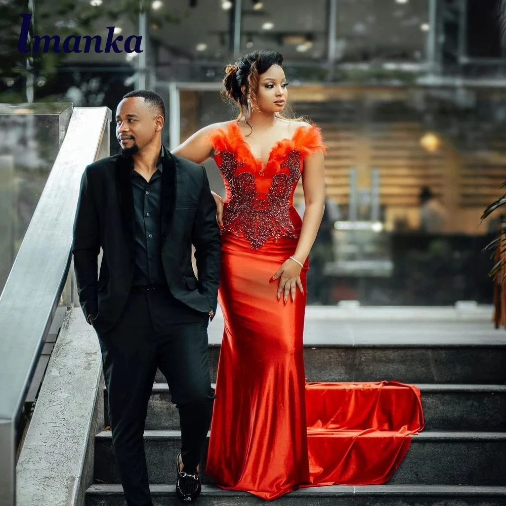 

IMANKA Sweep Train Satin Prom Evening Dress Simple Trumpet V-neck Feathers Beadings Sleeveless Robes De Soirée Made To Order