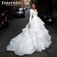 modern deep v neck ball gown tiered long sleeves wedding dresses for women 2022 vintage backless with button custom made
