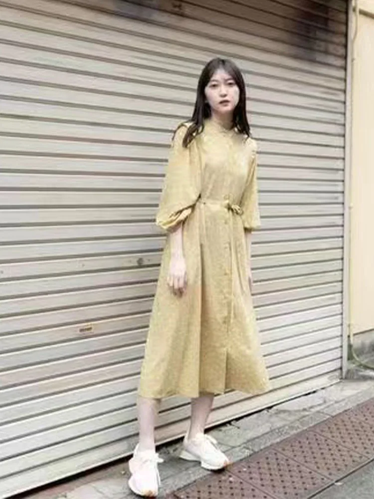

2022 counter quality early autumn new women's pastoral style retro floral long-sleeved holiday style loose casual lace-up dress