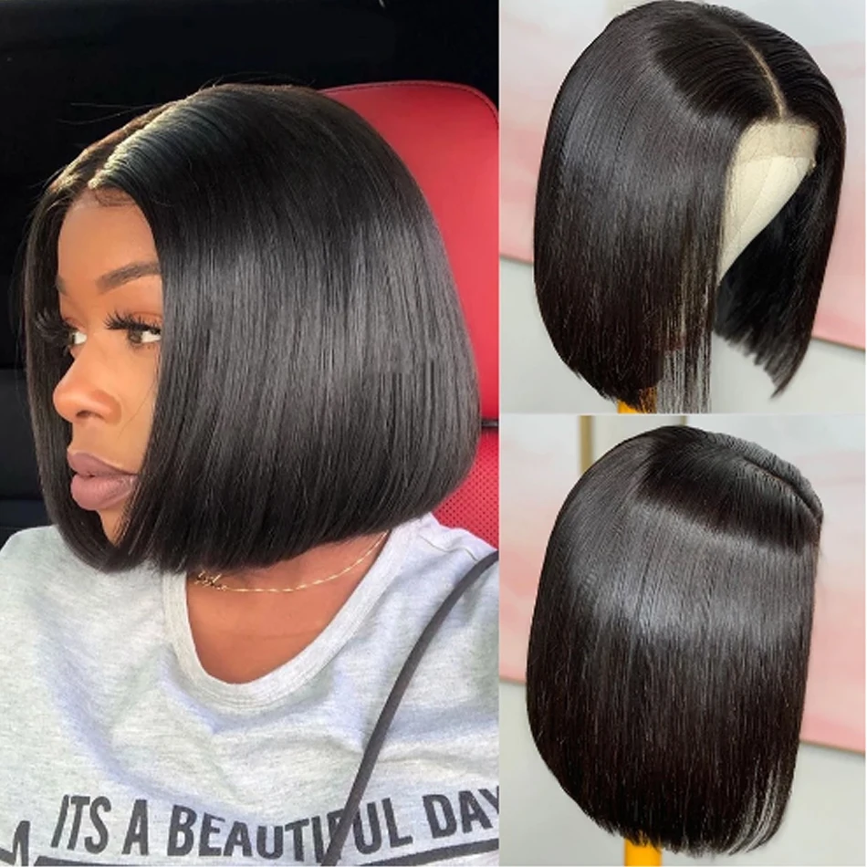 

Кости прямые Remy 100% человеческие волосы короткие боб парики для черных женщин 4x4 кружевная застежка 180 плотность хорошее качество боб парик в...