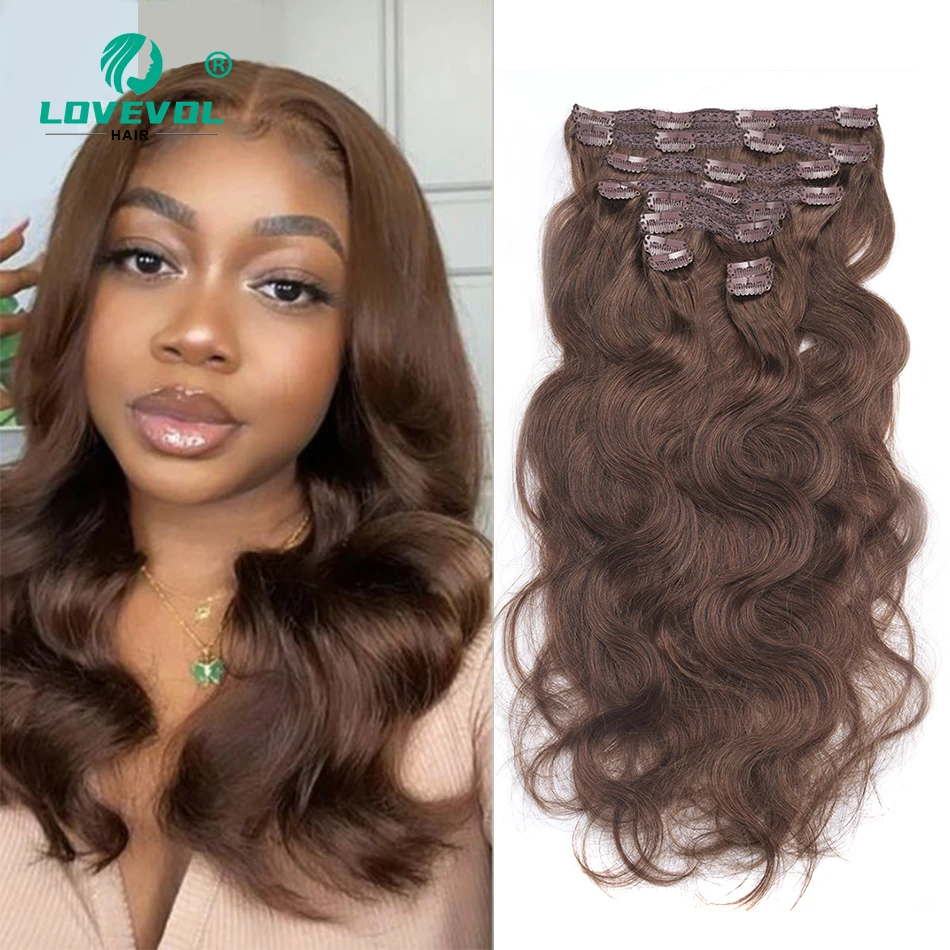 [Hot SALE] Chocolate Brown Wavy Clip in Human Hair Natural Clips In Body Wave 10 Pcs Double Weft Remy Peruvian Hair Full Head