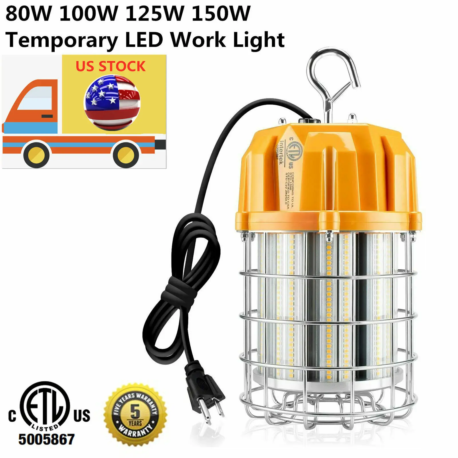 

80W 100W 150W LED Temporary Work Light, Portable Hanging Work Construction Light with Hook 5000K, Indoor Mine Job Site Lighting