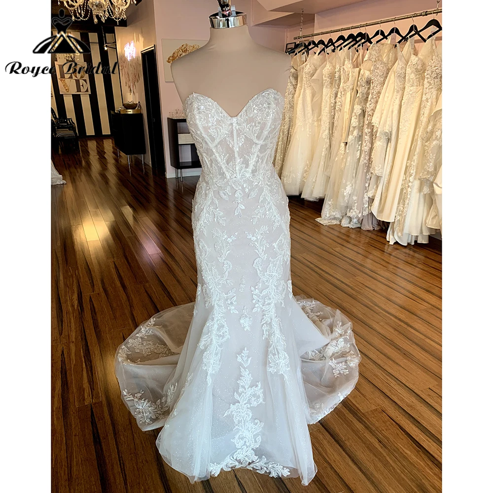 

Sexy Sweetheart Corset Sleeveless Back Button Lace Appliques Mermaid Wedding Dress For Women Boho Bride Gown Sweep Robe De Marié