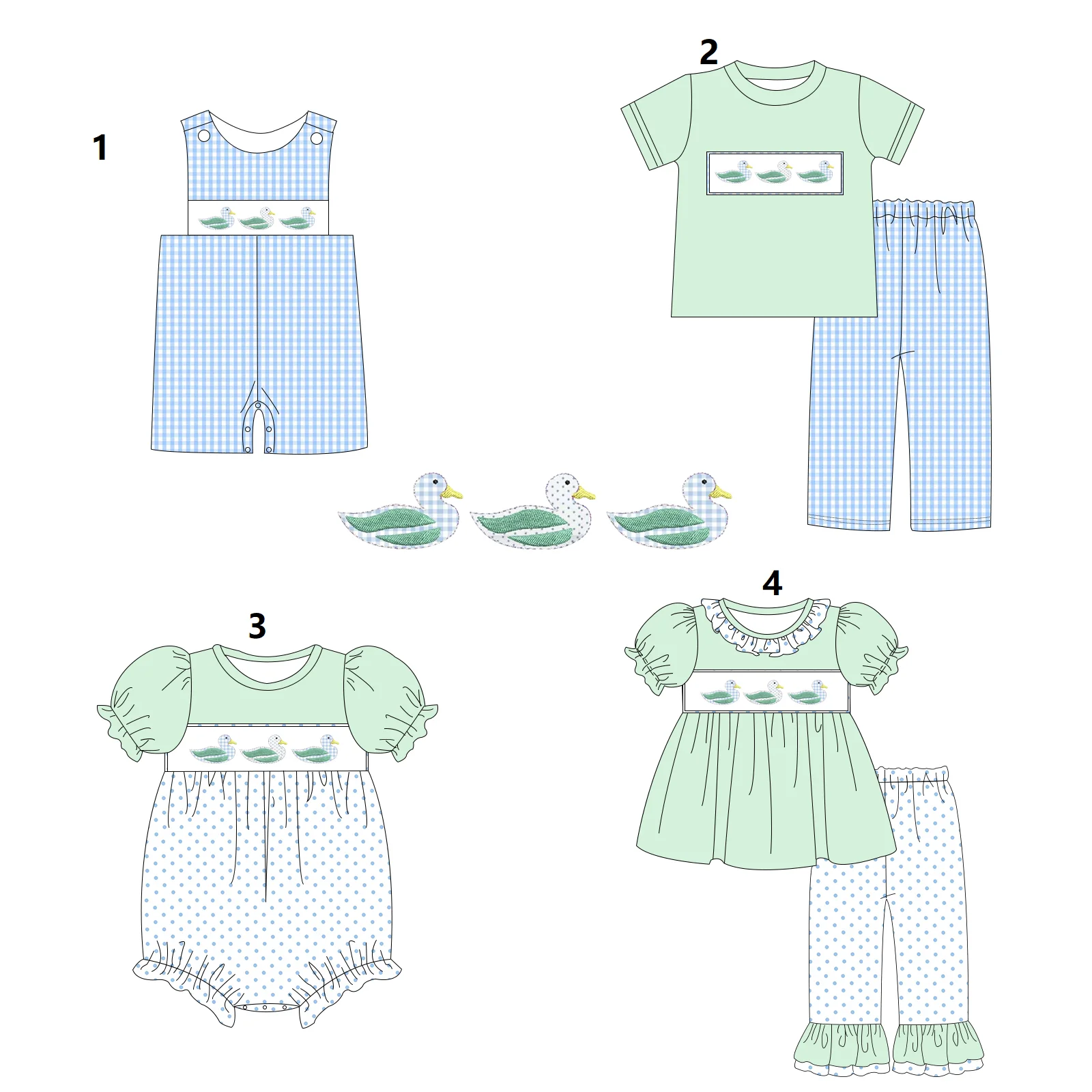 Зеленый детский комбинезон в горошек с принтом утки и короткими рукавами унисекс
