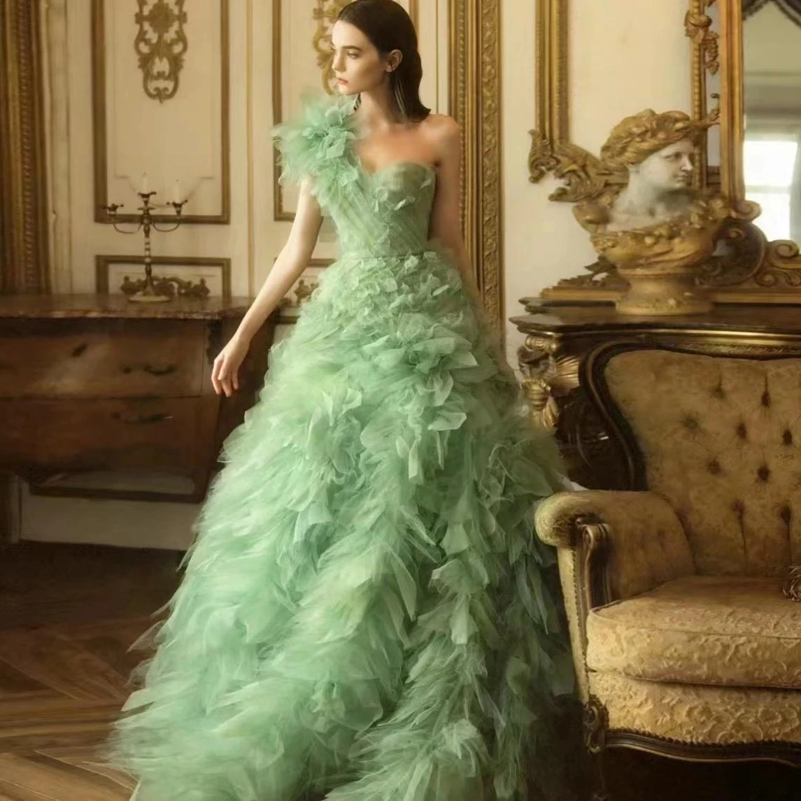 

One Shoulder Prom Dress Ruffles Flora Women Evening Gowns Party Dresses Photography Props Mint Green Birthday Photoshoot Gowns