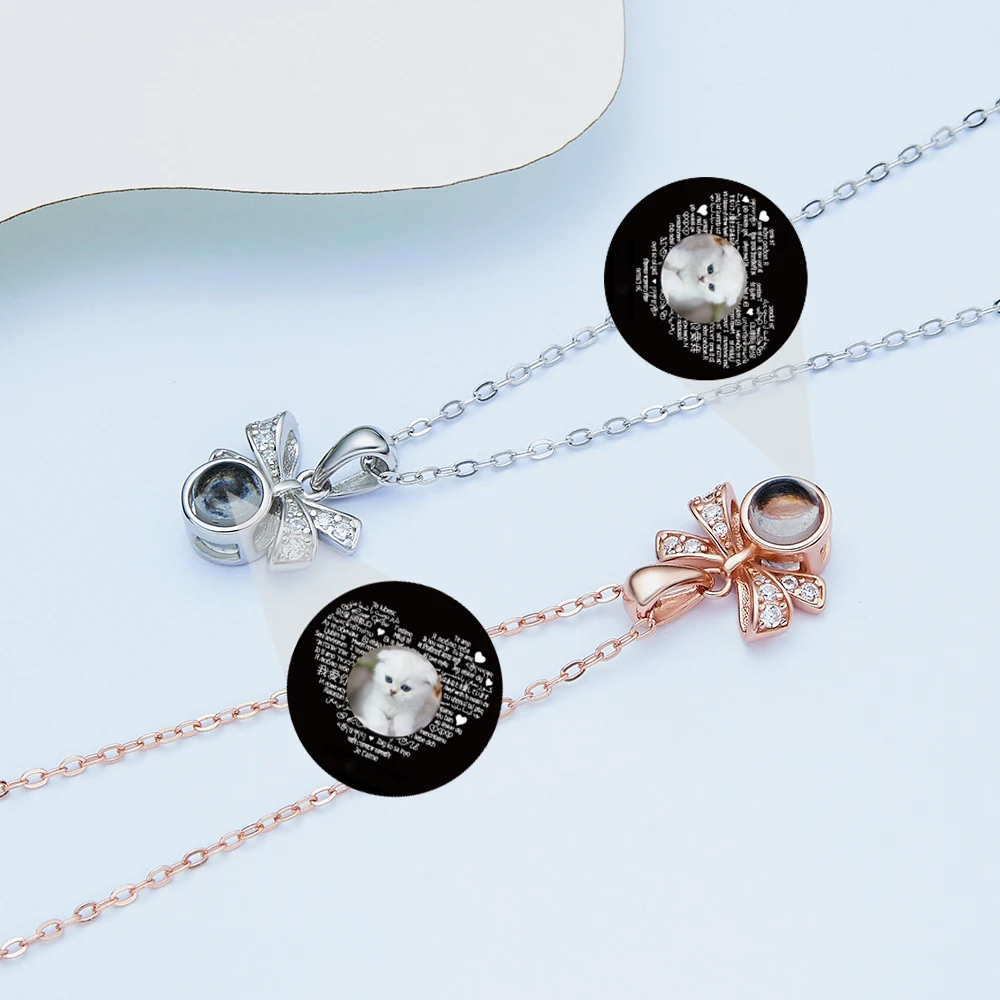 925 Silver Zircon Bowknot Photo Projection Necklace Personalized Custom Picture Pendants for Girls Birthday Gift to Girlfriend