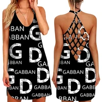 women halter mini dresses fashion letter print sexy criss cross backless a line dress hip hop style elegant party beach sundress