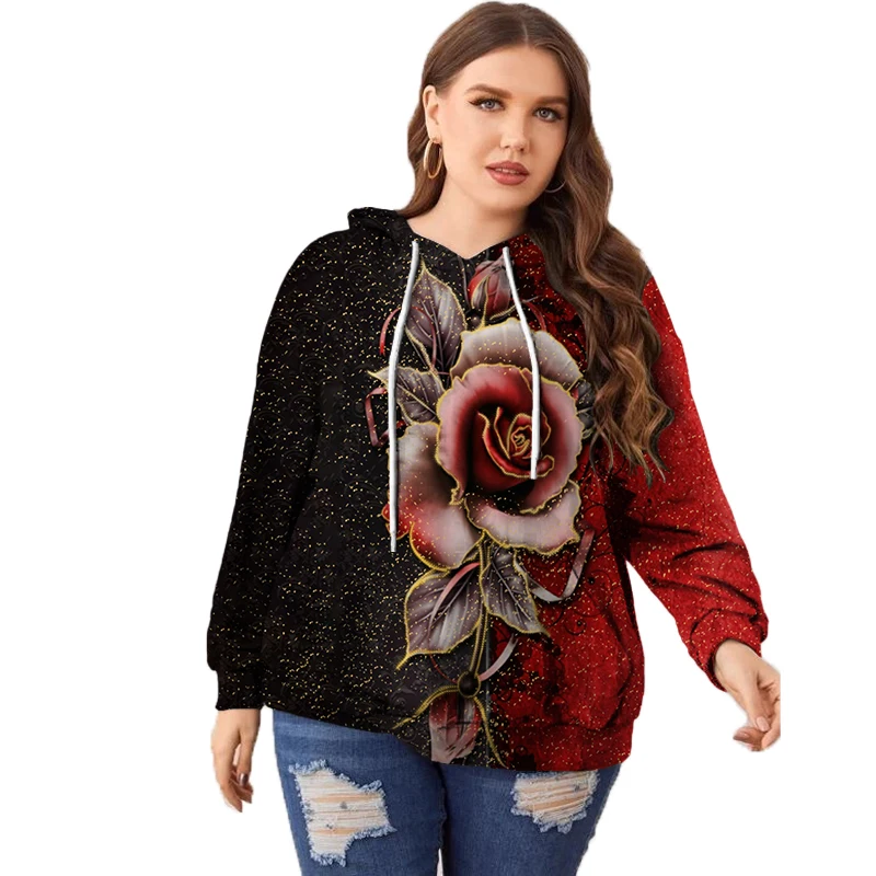 

Women Oversized Hoodies Autumn 2022 Fashion Rose Print Hooded Sweatshirts Harajuku Plus Size Women's Clothing