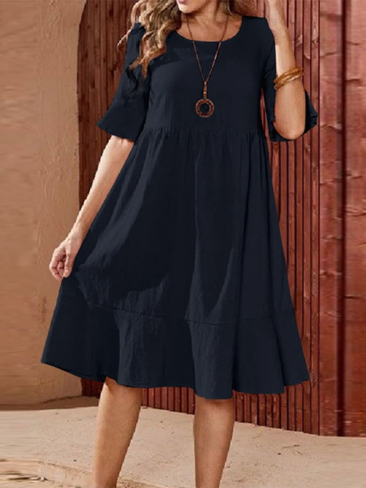 Midi Dresses For Women 2022 Plus Size Clothing Solid Round Neck Short Sleeve Loose Casual Pleated  Swing Dress 3x 4x 5x