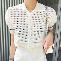 clothland women elegant knitted blouse see through short sleeve shirt transparent knitwear chic tops blusa da372