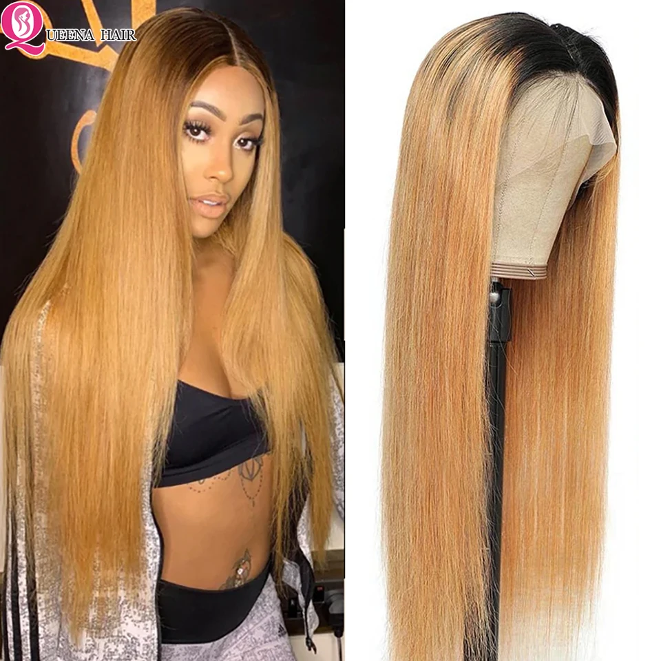 01Straight Ombre Wig Lace Front Human Hair 1B/27 Honey Blonde Frontal Wig  Ombre Brown 4x4 Lace Closure Wig Remy Brazilian Hair