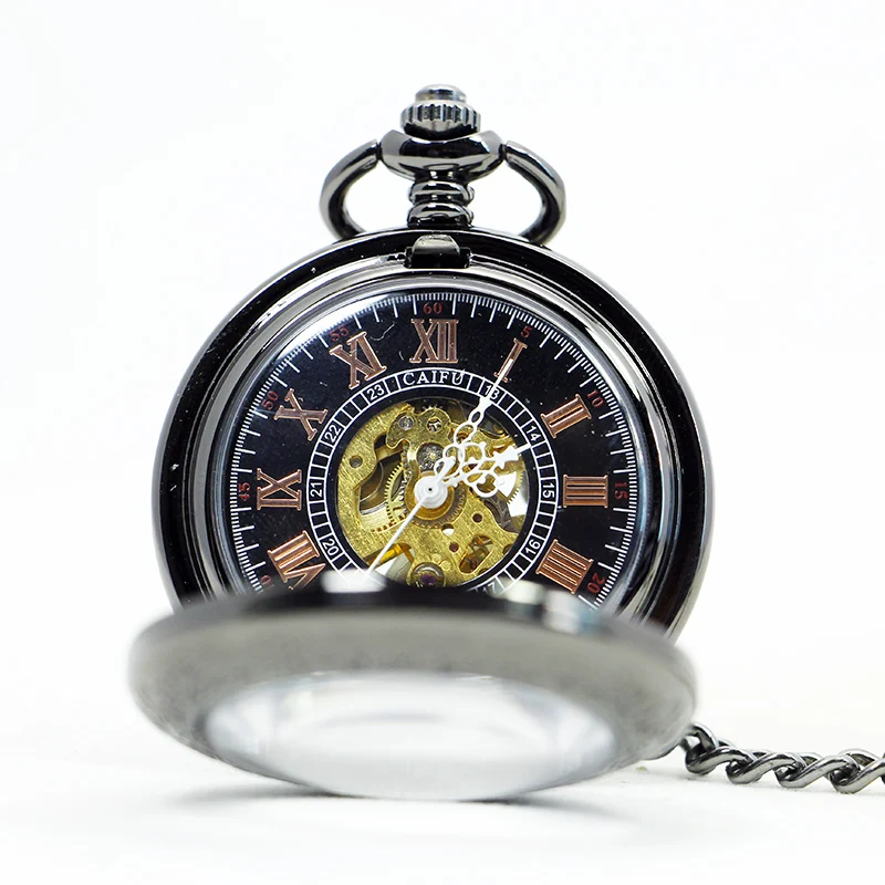 Vintage Charm Black Fashion Roman Number Mechacnical Steampunk Pocket Watch Women Man Necklace Pendant With Chain