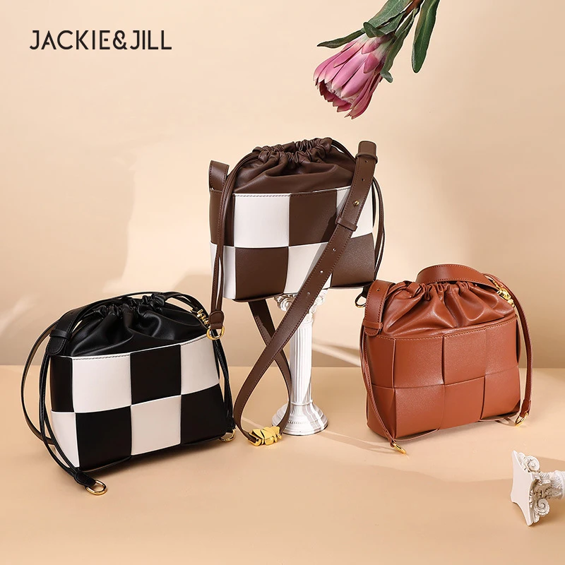 Jackie&Jill Cowhide Woven Bag Women'S Cowhide Colorblock Drawstring Mouth Shoulder Messenger Bucket Bag
