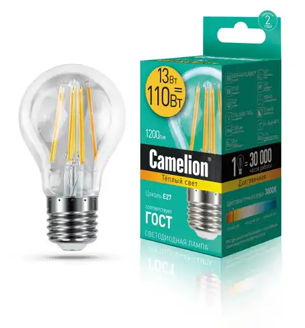 Эл.лампа светодиодная  LED13-A60-FL/830/E27 (13Вт=100Вт 1200Lm 220В) Camelion