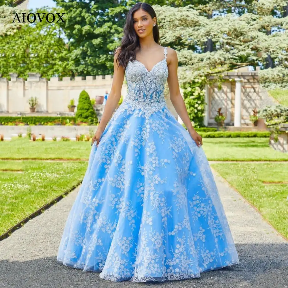 

AIOVOX Princess Lace Appliques Evening Dresses Women Spaghetti Strap Lace-Up Ball Gown For Party Elegant Robes De Soirée Femme