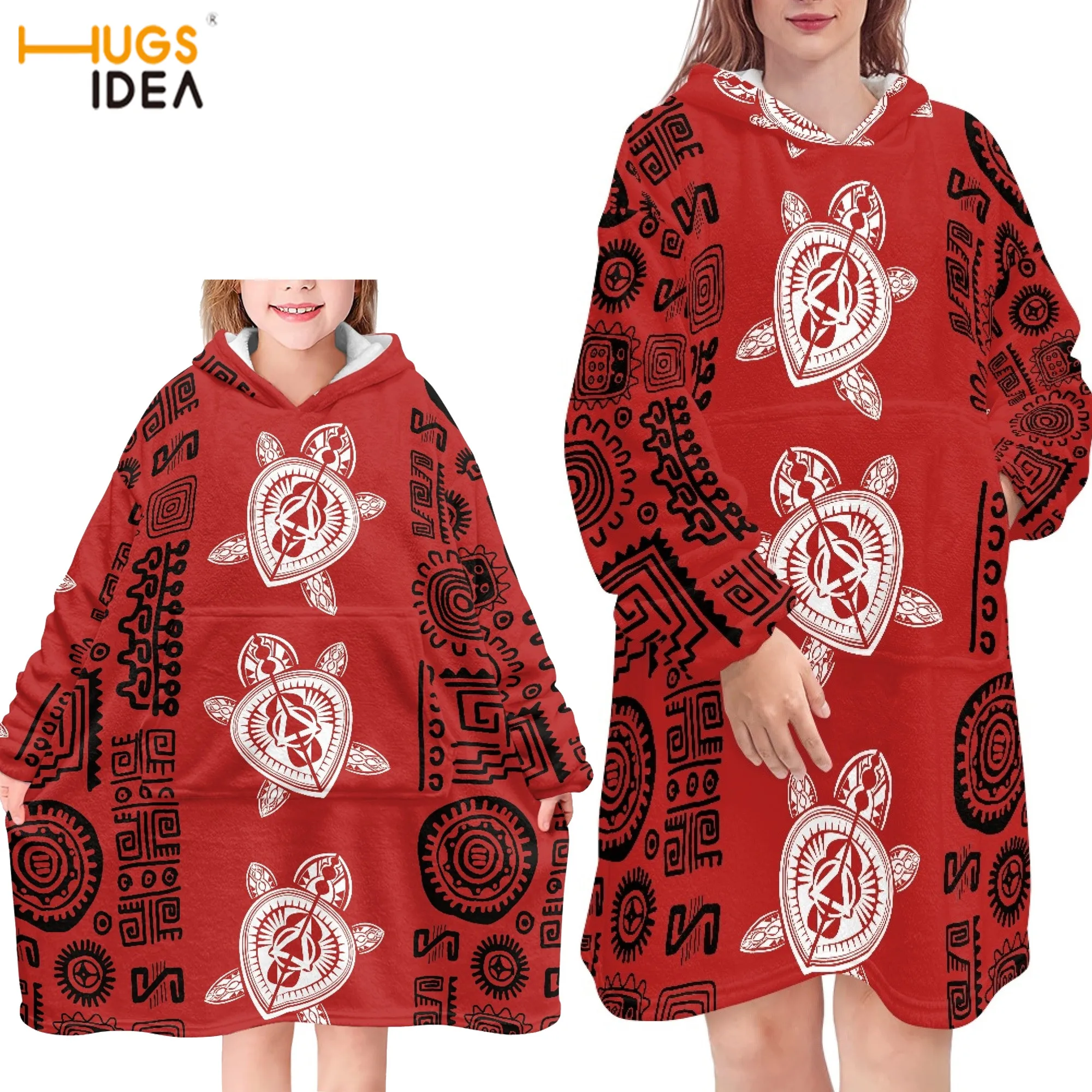

HUGSIDEA Polynesia Sea Turtle Prints Soft Blanket Hoodie Set for Adults Children Classical Casual Comfort Sweatshirt with Pocket