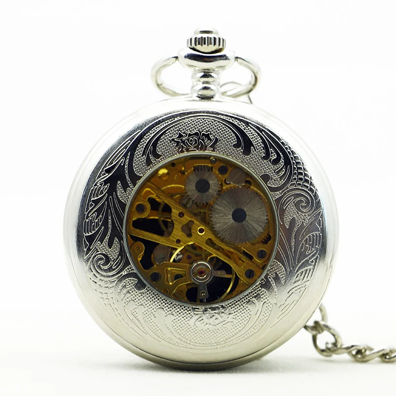 Unisex Vintage Silver Skeleton Pocket Watches Mechanical Hand Wind Casual Fashion Men Women Pocket& Fob Watch relógio de bolso