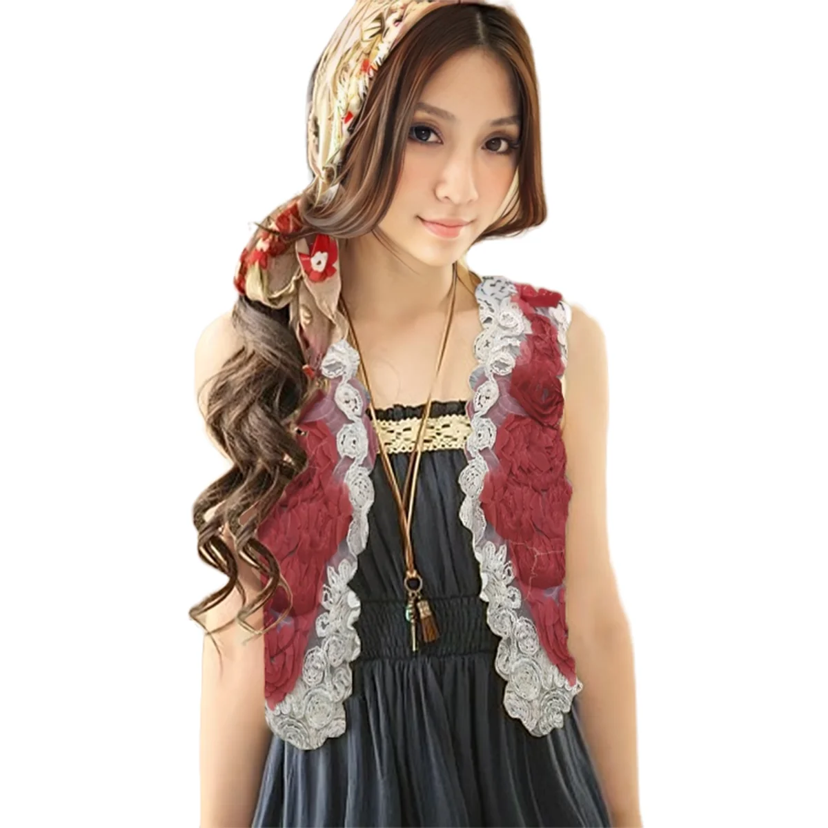 

Colete Feminino Primavera Verão Renda Florida Sem Mangas Retrô Curto