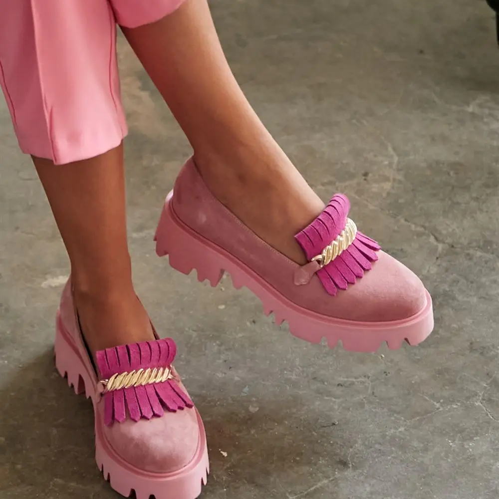 Cloud Inner Exterior Genuine Leather Suede Flat Thick Platform Eva Light Sole Buckle Loafer Poshnmore Pink Sax Blue Orange Fuch