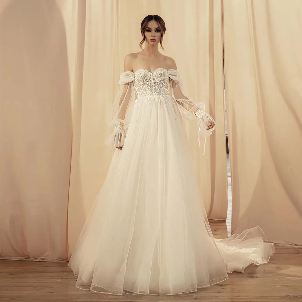 

Luxury Wedding Dresses Sweetheart Off Shoulder 2022 New Bridal Dress Glitter Tulle Beaded Lace Appliques Bride Gown For Women