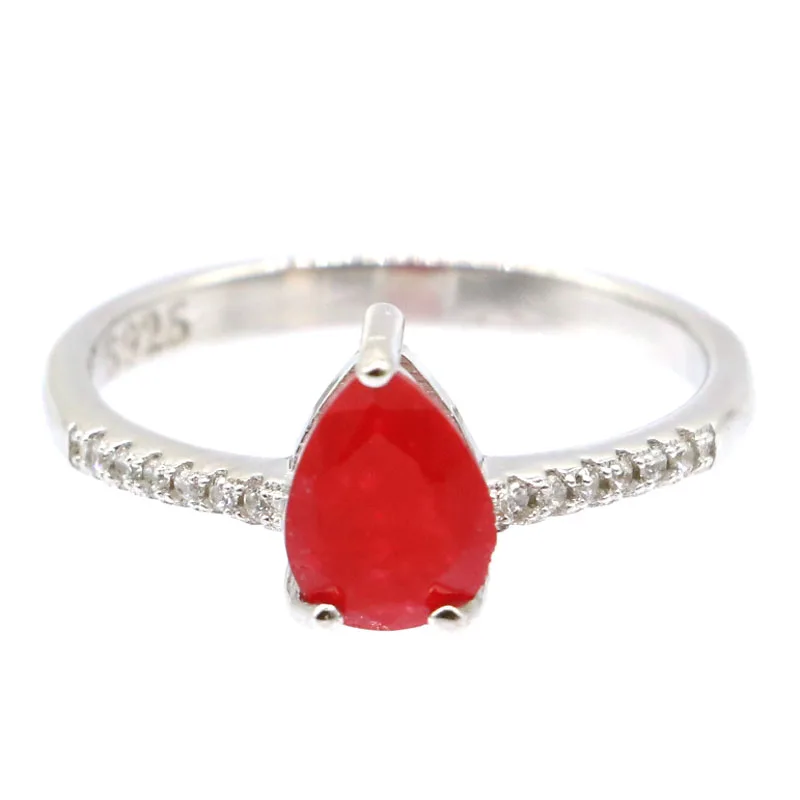 

8x6mm Jazaz Luxury 2.0g Real Red Ruby Water Drop CZ Gift For Ladies 925 Solid Sterling Silver Rings