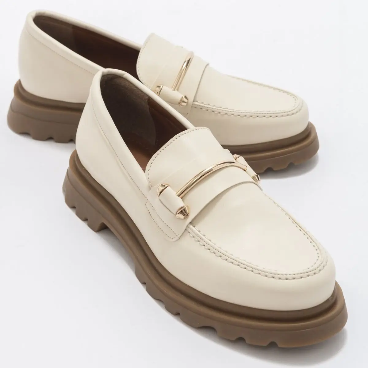 

Dual Inner Outer Quality Faux Leather Gold Detail Plastic Thermo Sole Women Loafer Poshnmore Brown Beige Black Casual Shoes Oxfo