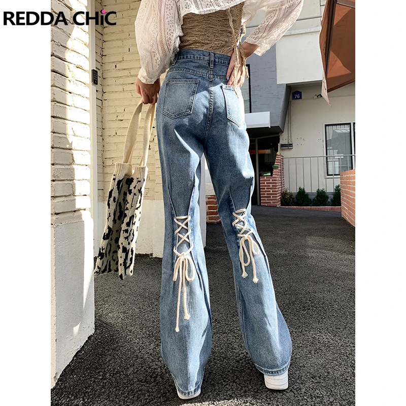

ReddaChic Y2k Staight Jeans Knee Strappy High Waist Bandage Pants for Women Korean Streetwear Casual Lace-up Denim Blue Trouser