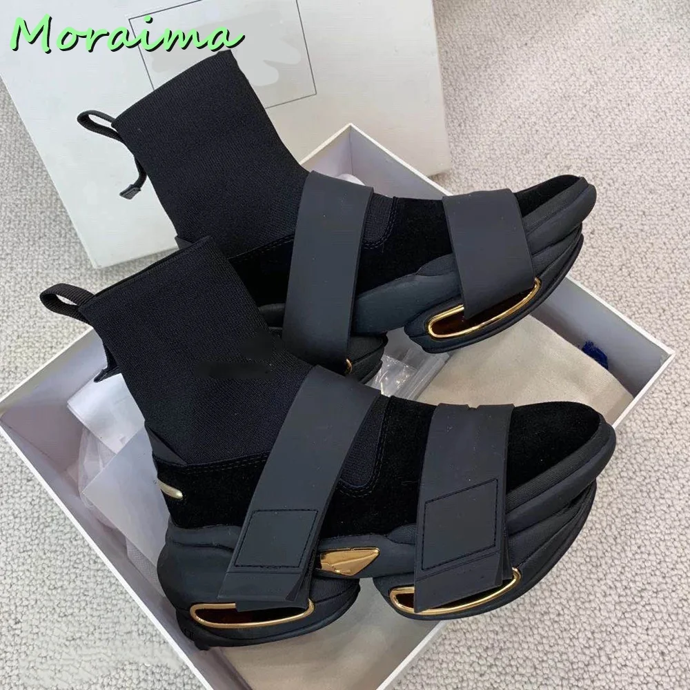 Round Toe Hook Loop Ankle Sock Boots Stitching Hollow Thick Bottom Slip On Black Solid British Style Fashion Women Shoes Autumn