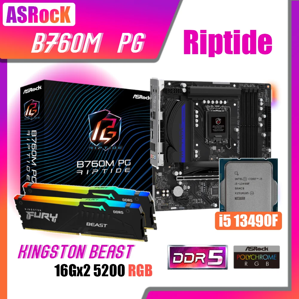 

ASRock B760M PG Riptide DDR5 LGA1700 Motherboard Kit With Intel Core i5 13490F Processor Fury DDR5 5200MHz RGB 16G x2 Memory