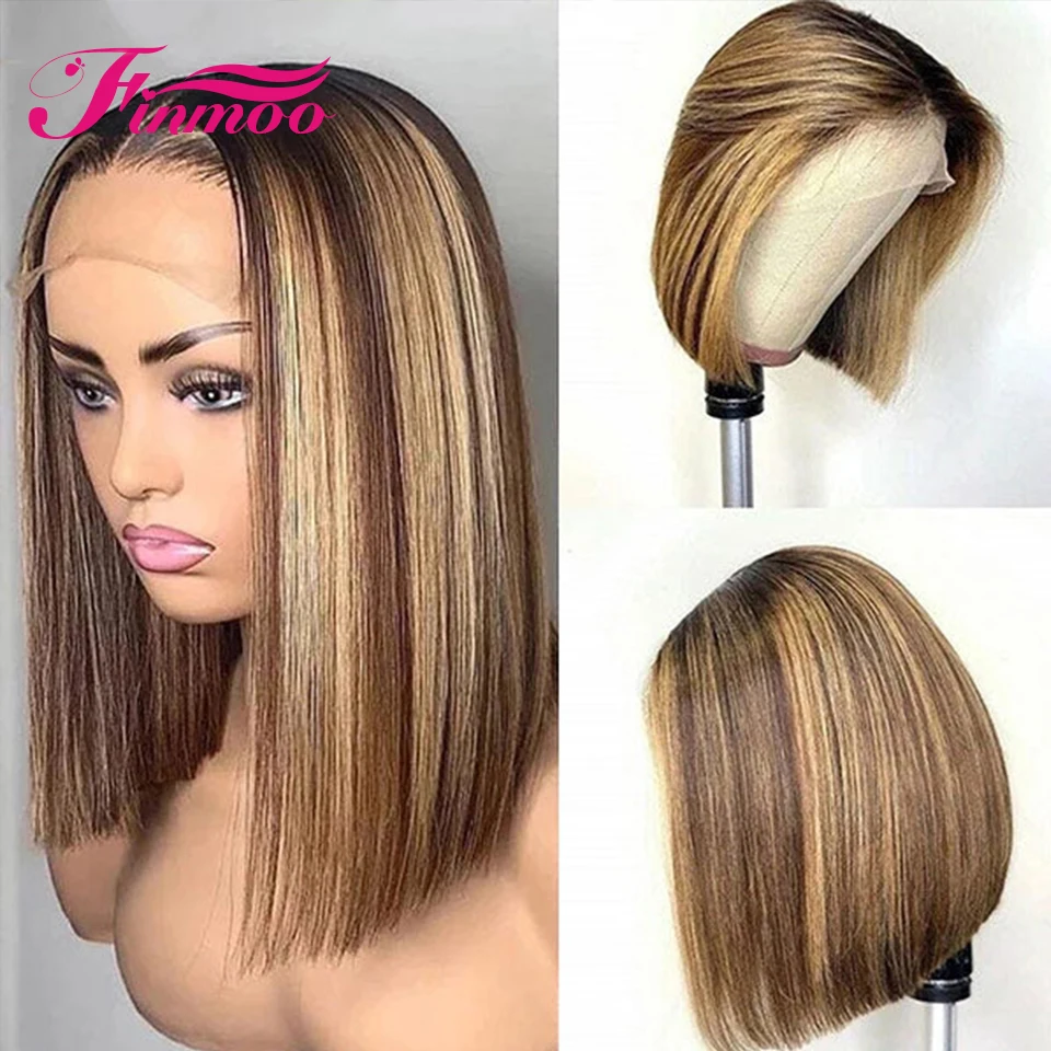 4/27 Ombre Highlight Straight Short Bob Wig Lace Front Wigs For Women 4x4 Lace Closure Wig  All For 1 Real And Free Shipping