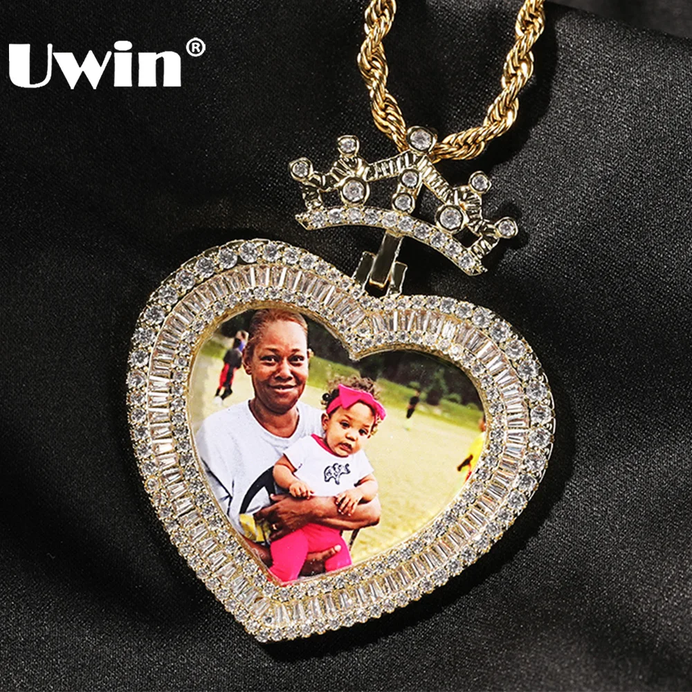 

UWIN baguettecz Heart Medallion Picture Pendant Necklaces Crown Bezel Memorable DIY Charms Men Women Fashion Jewelry for Gift