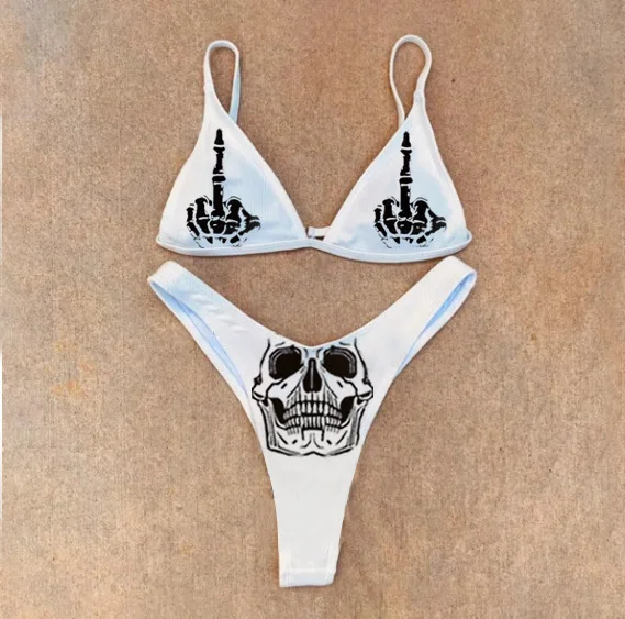 New Black And White Sexy Goth Emo Women Two-piece Skull Print Bikini Suit Split Bathing Suit High Waist Gothic Swimsuit Beach