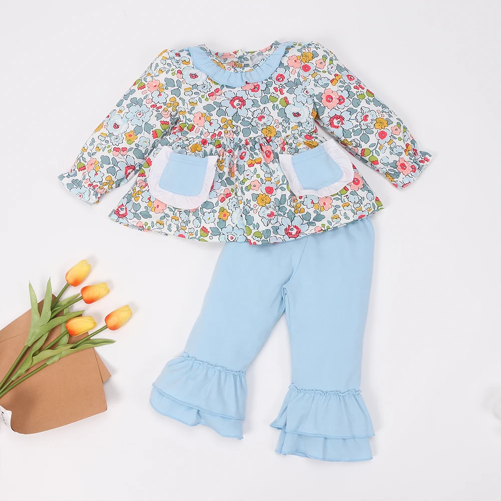 

New Style Baby Girls Dress Outfits For Fall Cute Flower Print Floral Dresses Casual Solid Color Long Pants Set For 1-8T Kids