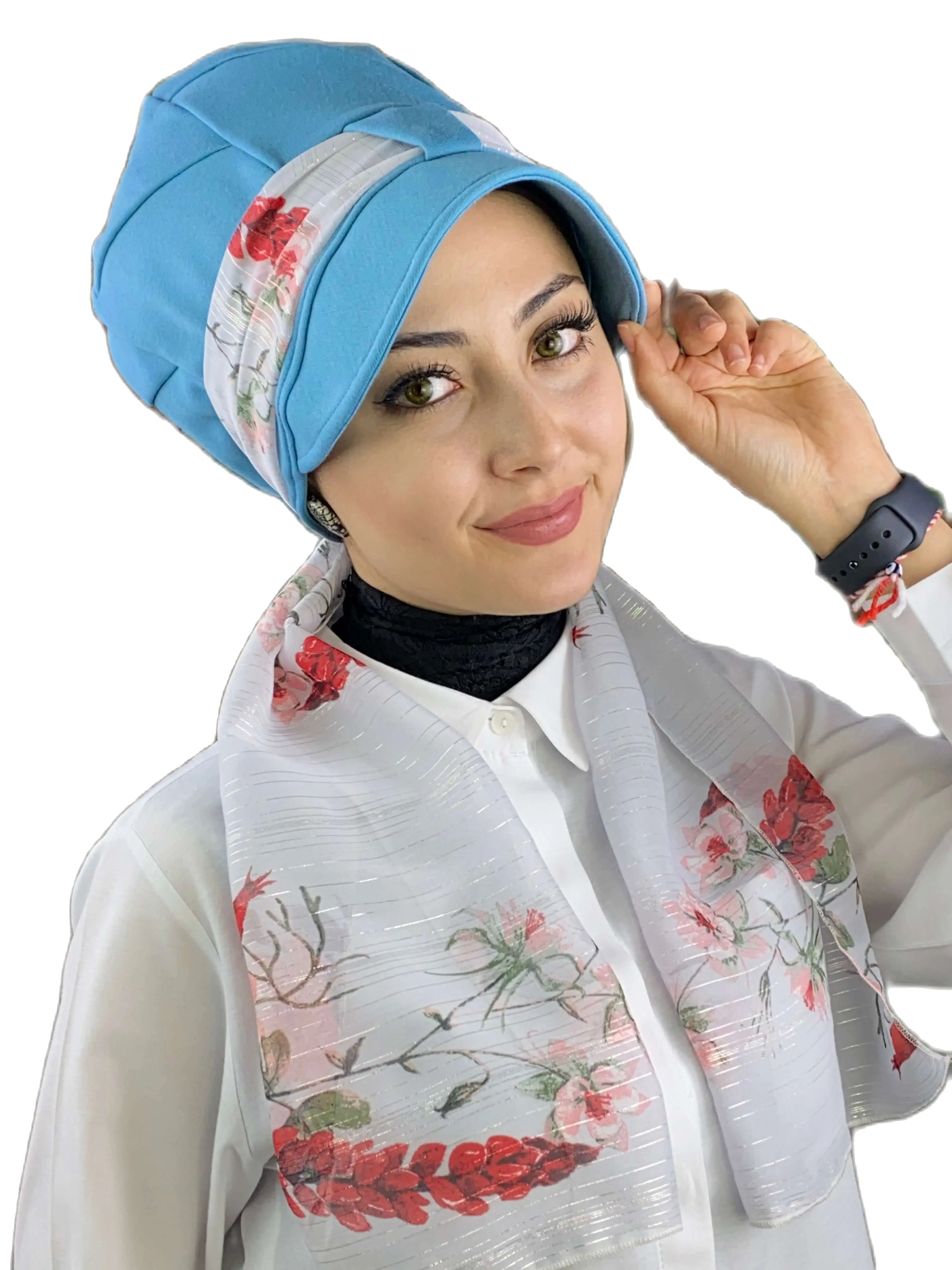 

New Fashion 2022 Summer Hijab Shawl Bonnet Tulle Chiffon Cancer Cap Women Light Blue Single Unit Pink Floral Glittery Scarf Hat