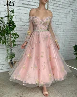 ms pastrol evening gowns princess off the shoulder pink tulle with 3d flower fairy prom party dresses velour belt plus size 2022